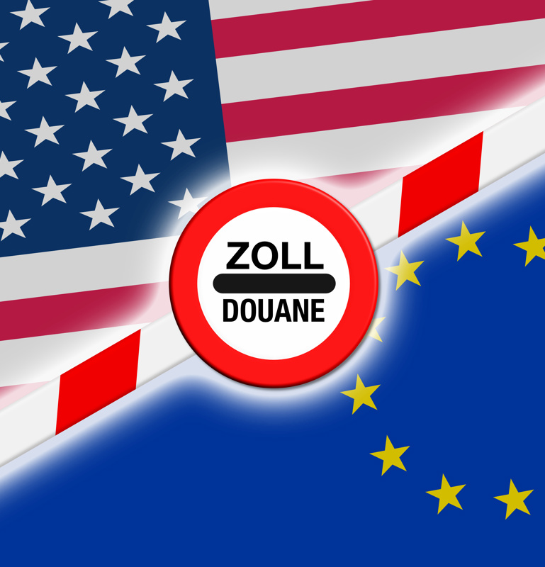 Grafik mit Zollgrenze zwischen den Flaggen von  USA und EU 